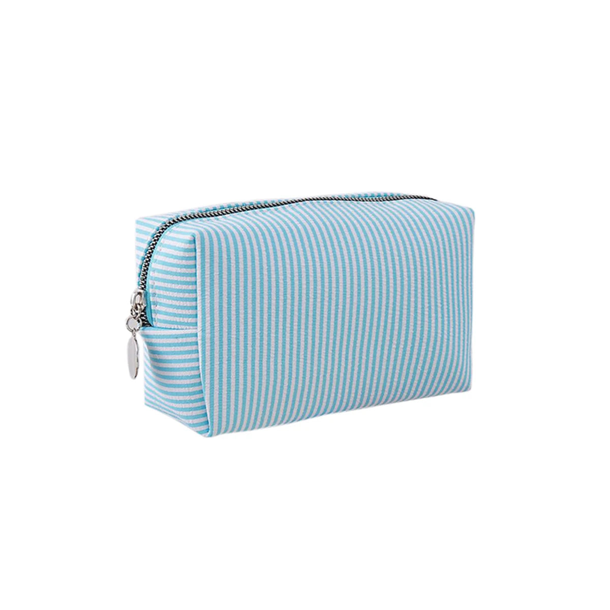 Light blue and white striped canvas pencil case with a zipper closure