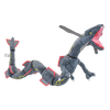 A gray plush toy of Shiny Rayquaza with red accents and an open mouth.