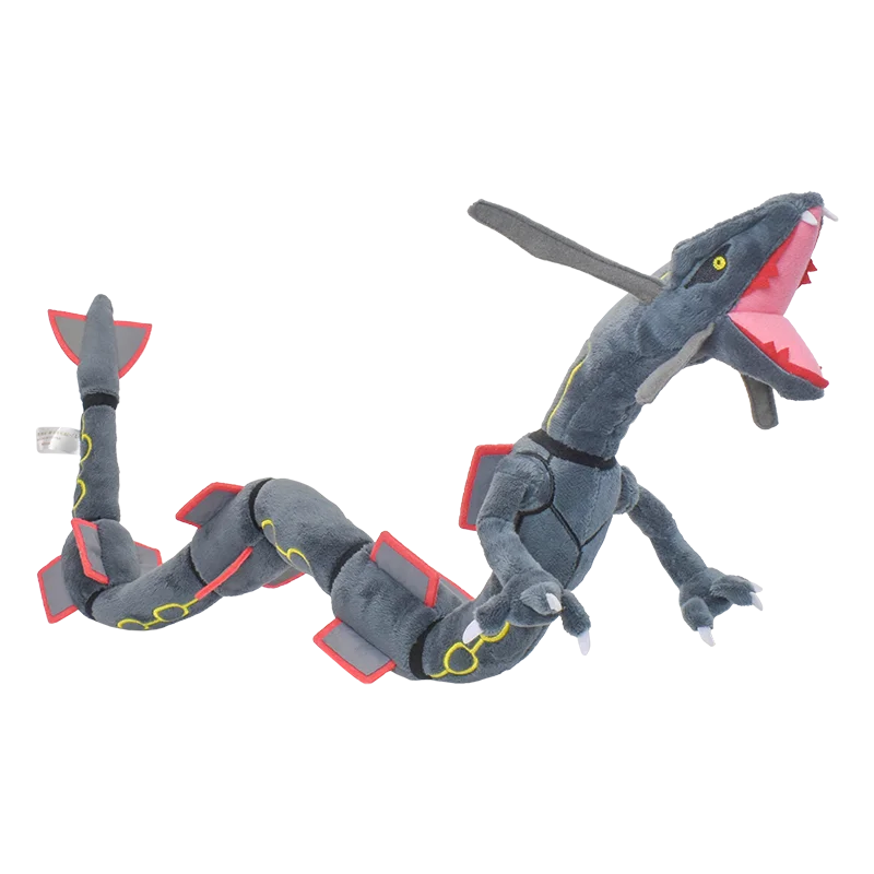 A gray plush toy of Shiny Rayquaza with red accents and an open mouth.