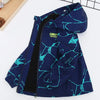 A dark blue kids waterproof winter jacket with a hood featuring bright cyan line graphics.