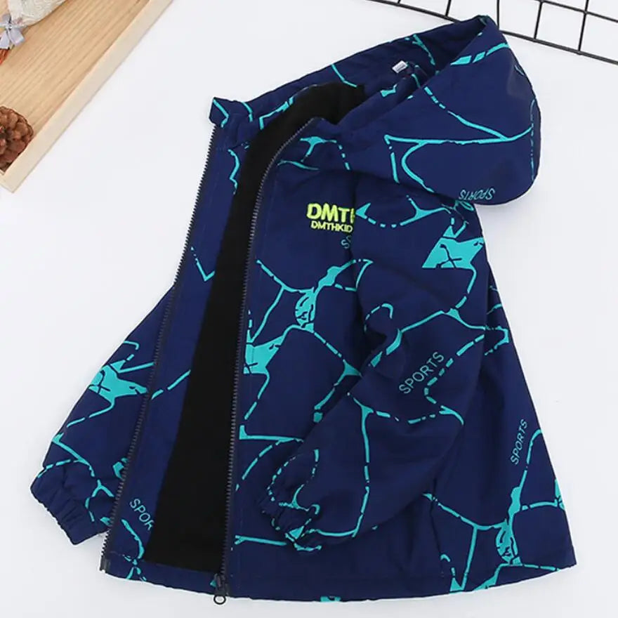 A dark blue kids waterproof winter jacket with a hood featuring bright cyan line graphics.