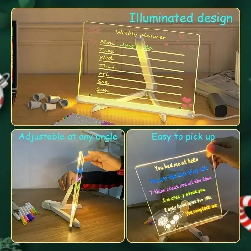 A glowing LED message board is shown with various color pens and an eraser, demonstrating its illuminated design and adjustab