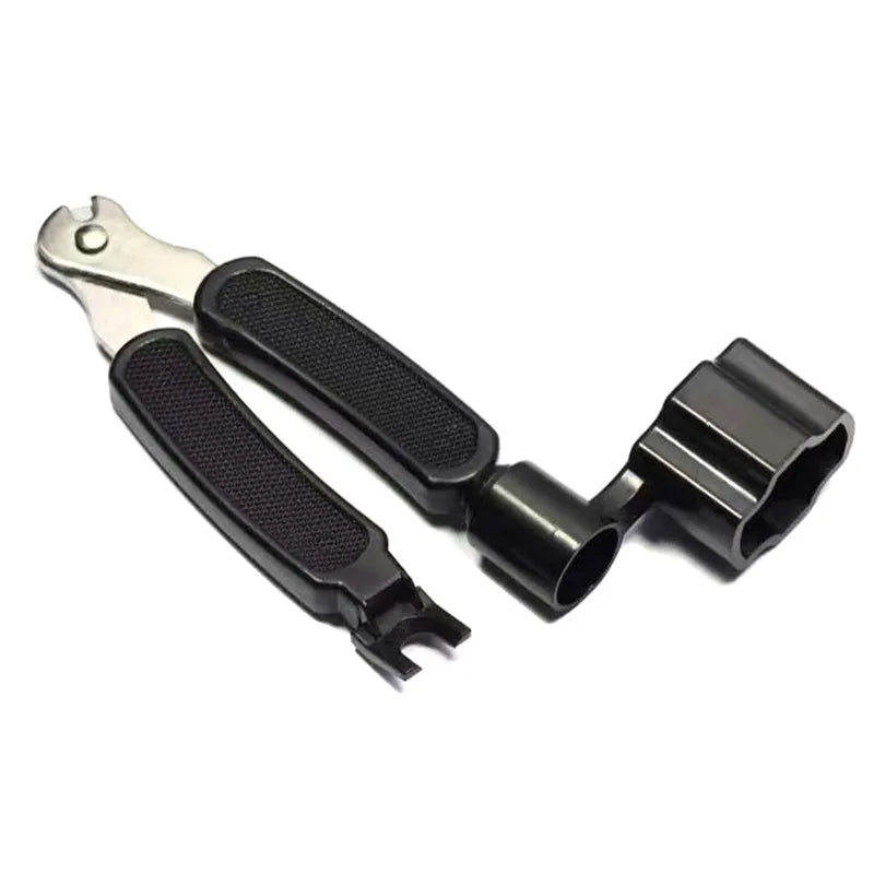 A black 3-in-1 guitar string winder, cutter, and pin puller tool with a metal handle.