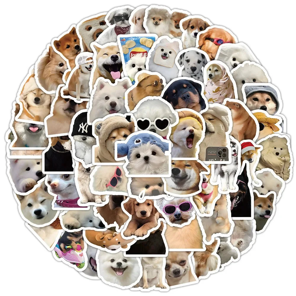 A circular arrangement of various funny dog stickers and cartoon vinyl decals