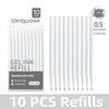 A set of ten black gel pen refills with a quick drying feature and 0.5mm tips.