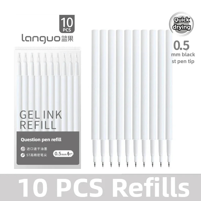 A set of ten black gel pen refills with a quick drying feature and 0.5mm tips.