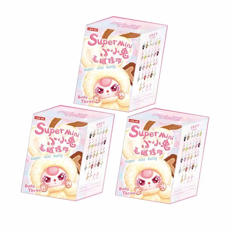 A box of Baby Three Super Mini Bunny series blind box collectible toys.