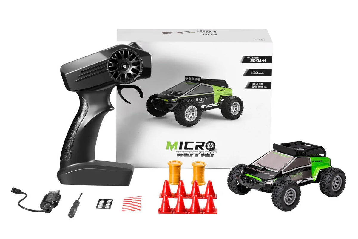 A 1:32 scale RC off-road car with LED lights and a remote control are displayed next to its packaging.