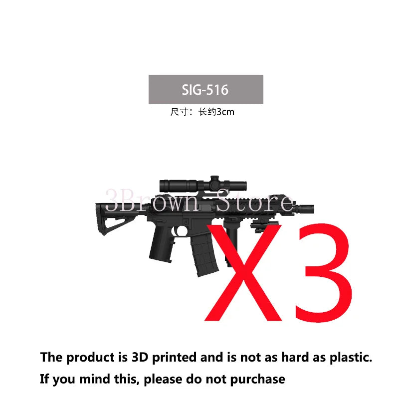 3D printed military building block set featuring a gun and helmet accessories