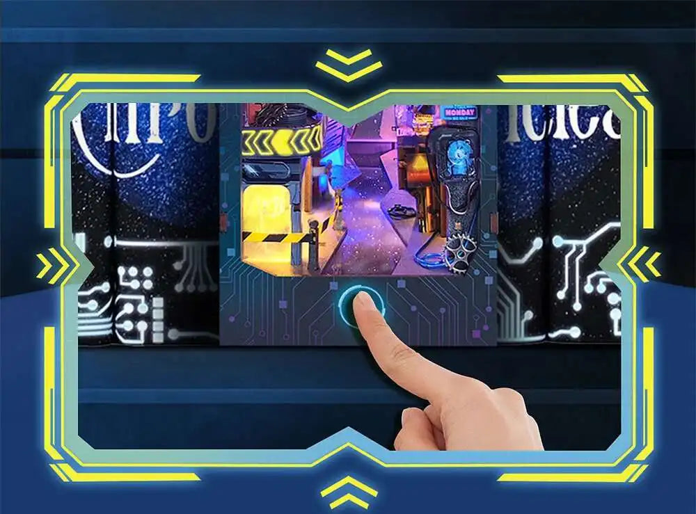 A hand touches a wooden book nook kit featuring cyberpunk-themed scenes and glowing circuit board details.
