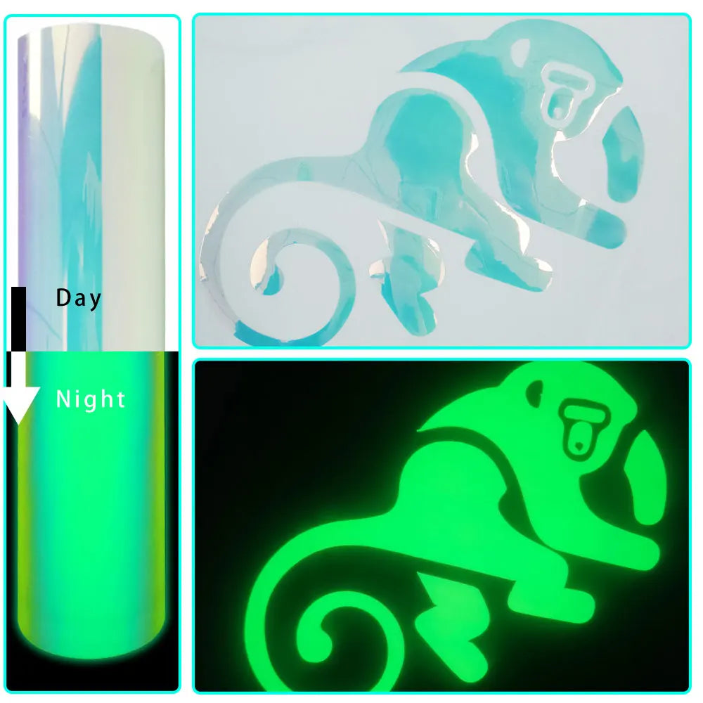 Comparison of a glow-in-the-dark heat transfer vinyl product under day and night lighting conditions.