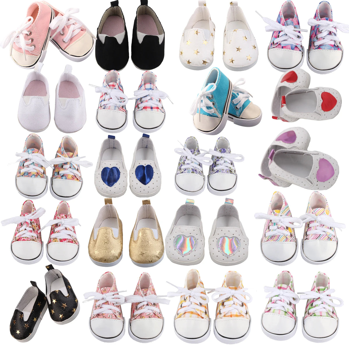 A collection of unicorn themed pajama shoes and slippers for dolls in various colors and styles.