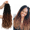 A woman models long, dark brown goddess faux loc crochet hair extensions with a curly ombre effect.