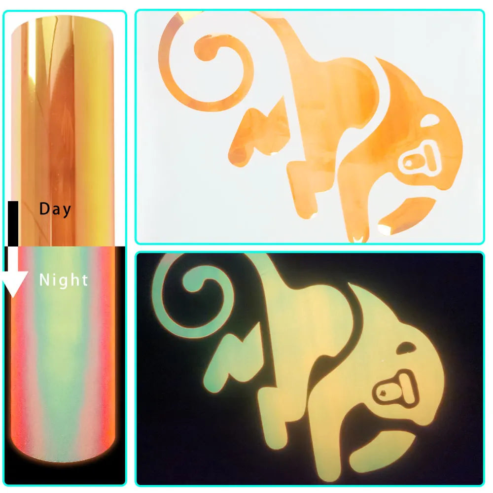 Comparison of a glow-in-the-dark heat transfer vinyl design under daylight and nighttime conditions.