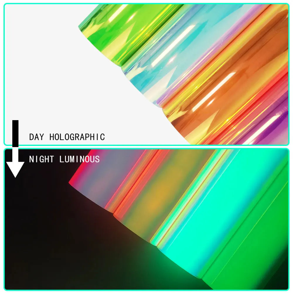 Comparison of a glow-in-the-dark heat transfer vinyl under day holographic and night luminous conditions.