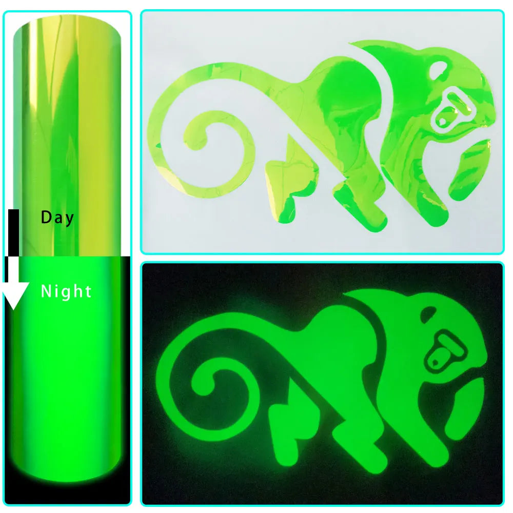 A glow-in-the-dark heat transfer vinyl design of a stylized elephant silhouette shown in day and night lighting.