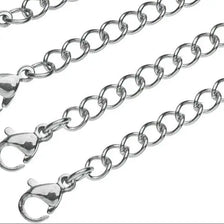 A collection of stainless steel jewelry extender chains shown in various lengths and angles.