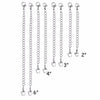A display of twenty stainless steel jewelry extender chains in various lengths from 2 inches to 6 inches.