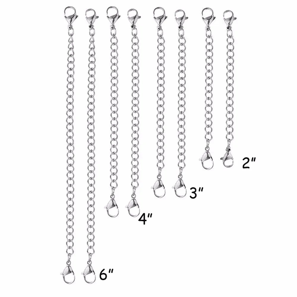 A display of twenty stainless steel jewelry extender chains in various lengths from 2 inches to 6 inches.