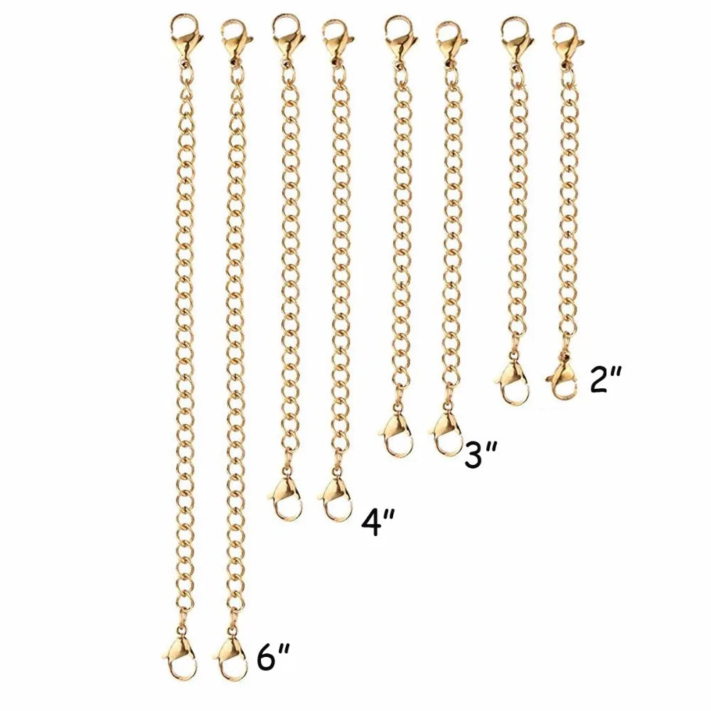 A collection of stainless steel jewelry extender chains in various lengths, including 2 inch, 3 inch, 4 inch, and 6 inch.