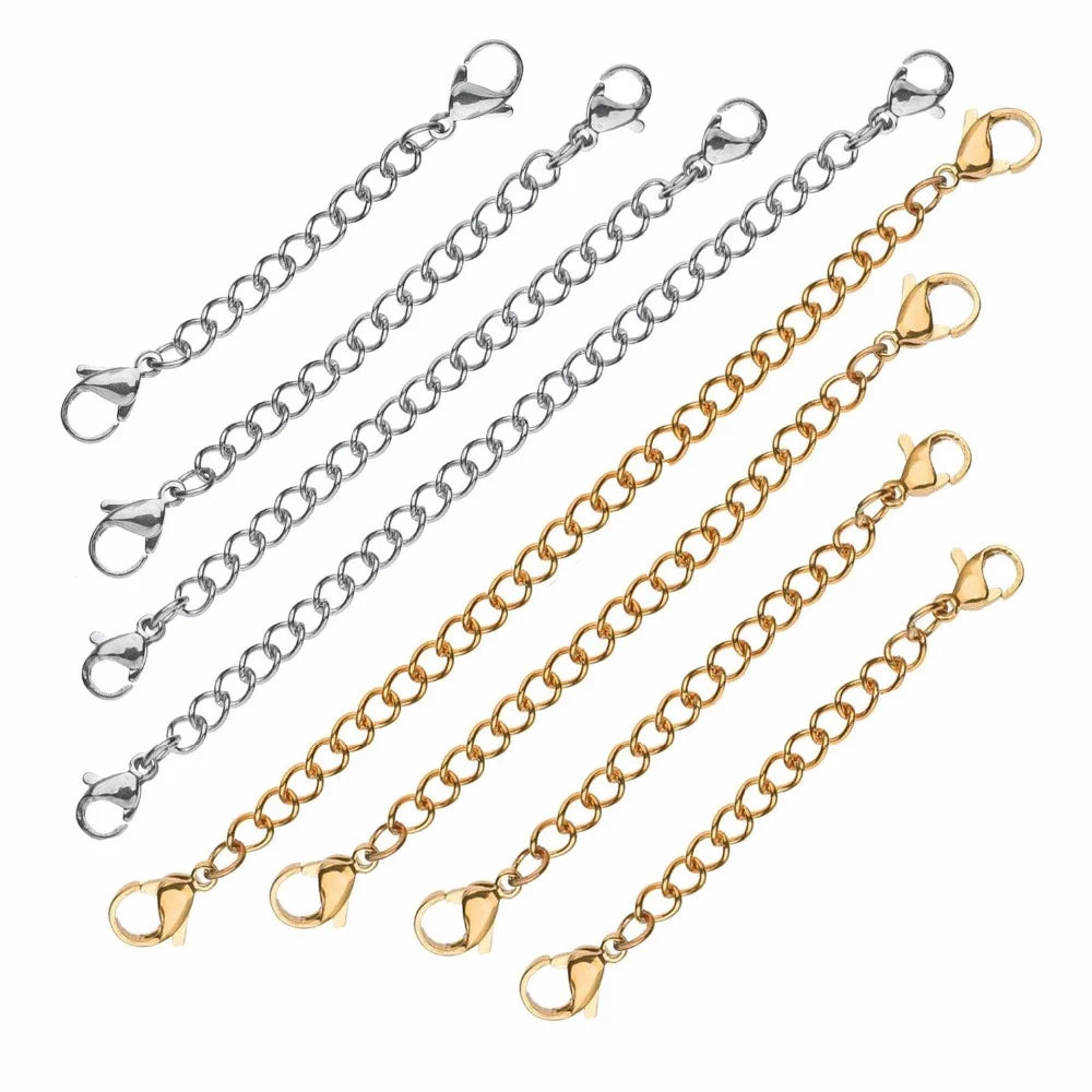 A collection of twenty stainless steel jewelry extender chains in gold and silver finishes.
