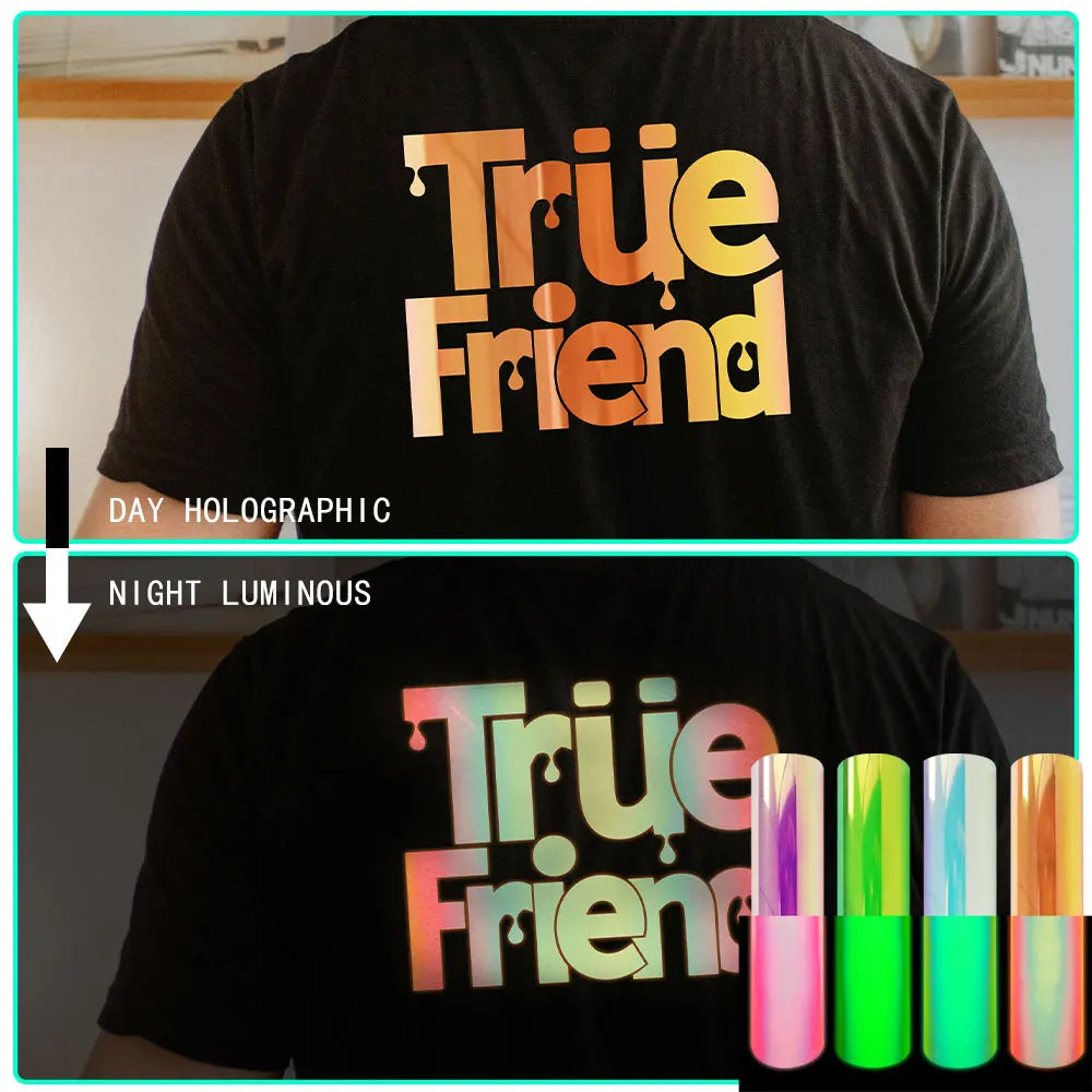 A black t-shirt displays the text True Friend in a holographic print, contrasted with a night luminous version.