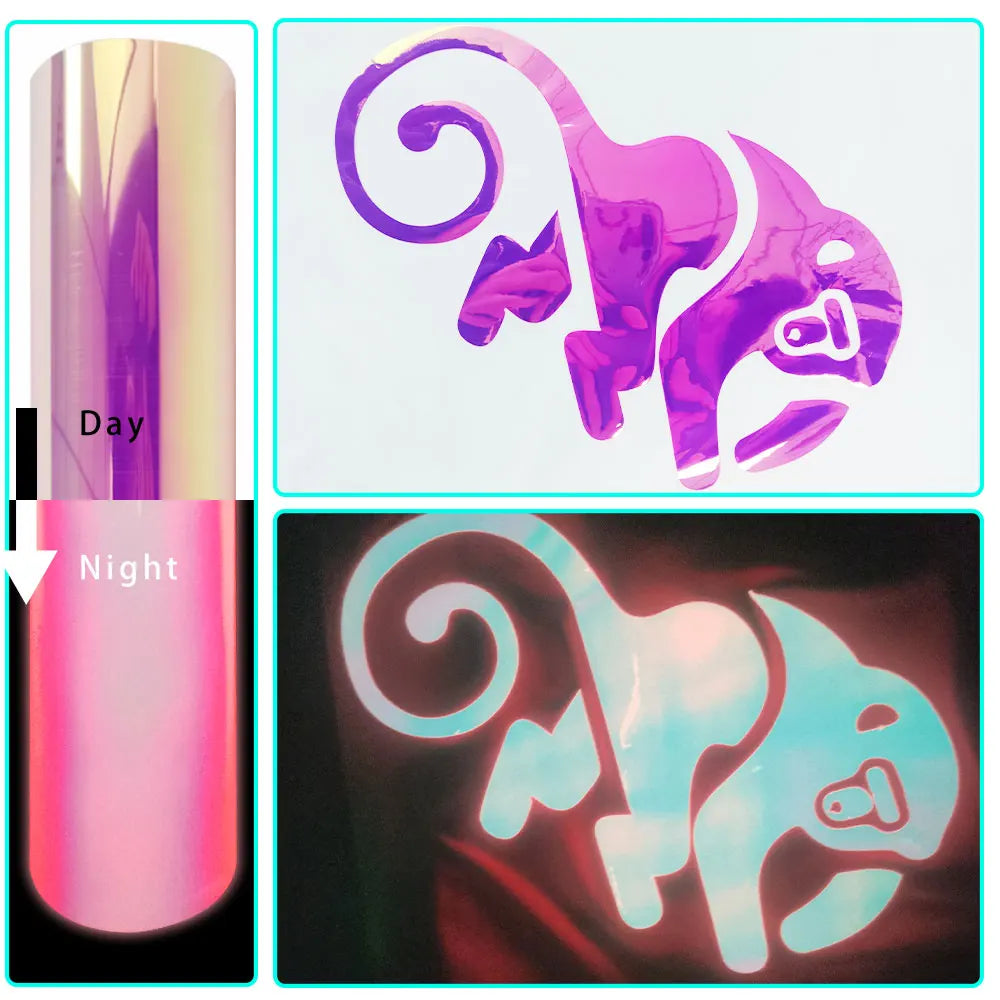 Comparison of a glow-in-the-dark heat transfer vinyl product under day and night lighting conditions.