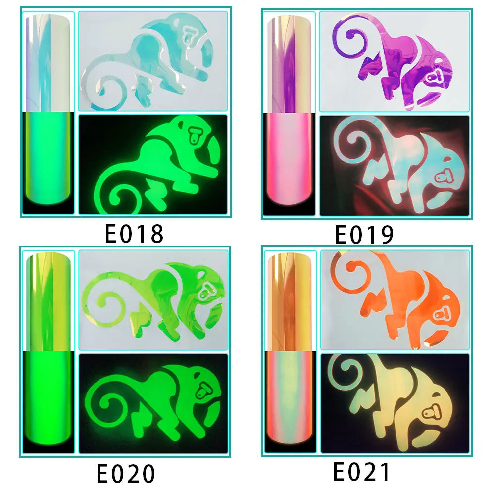 A set of five glow-in-the-dark heat transfer vinyl designs labeled E018 through E021 featuring stylized animal silhouettes.