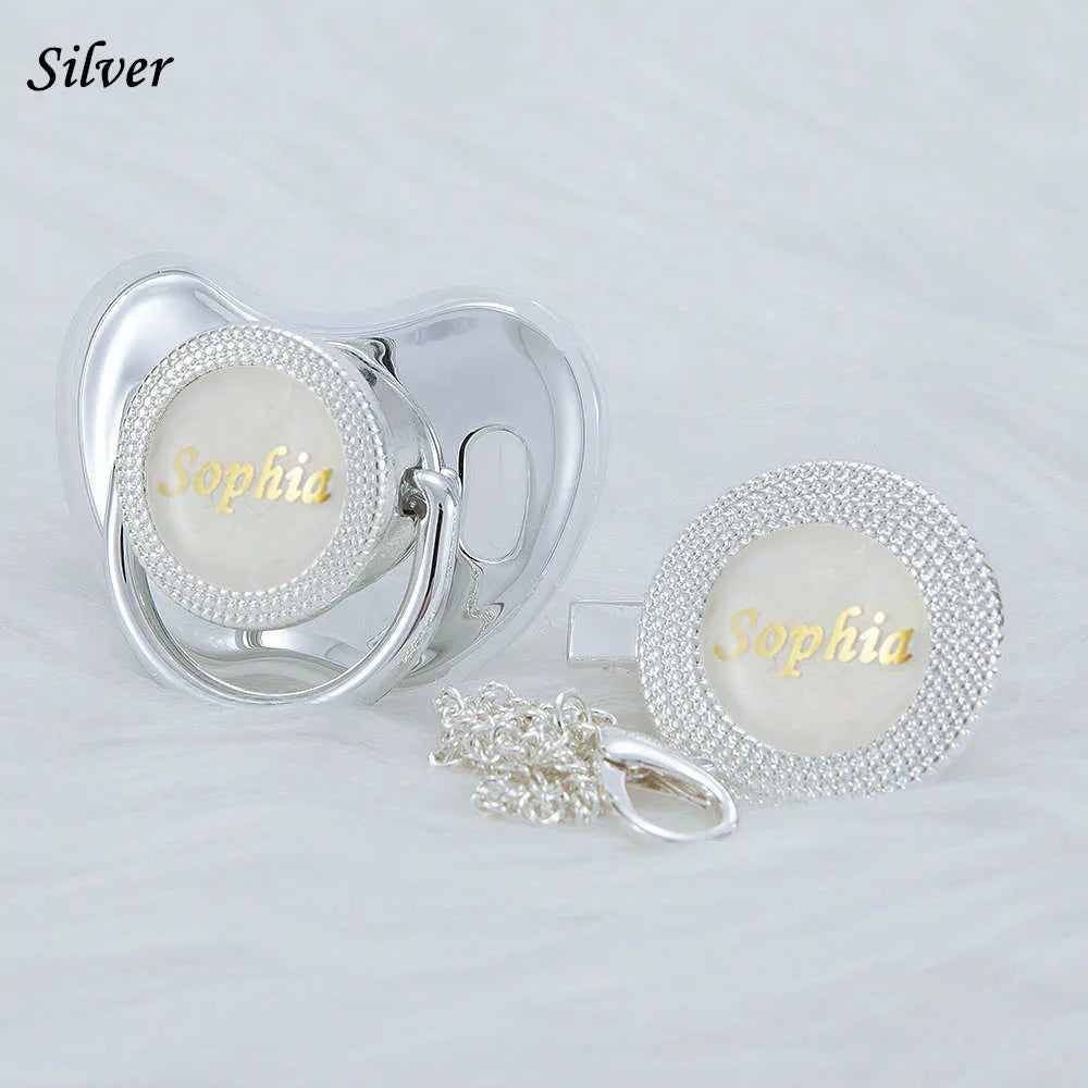 Silver rhinestone pacifier and clip set with the name Sophia