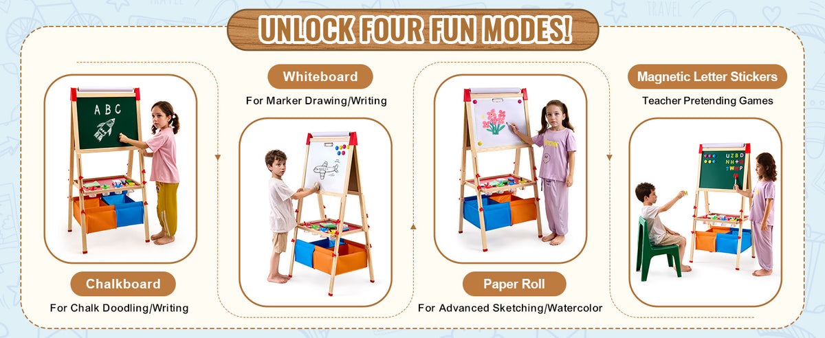 Four fun modes of a kids double-sided magnetic art easel including whiteboard, chalkboard, magnetic letter stickers, and pape