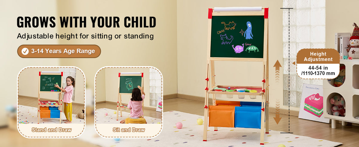 Adjustable height magnetic art easel for children to stand or sit and draw