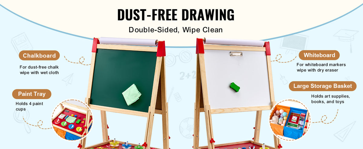 A double-sided magnetic art easel featuring a chalkboard and whiteboard for kids' drawing and painting.