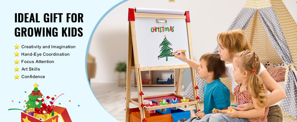 Three children are using a double-sided magnetic art easel with a chalkboard and whiteboard for creative play.