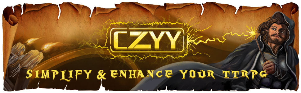 لافتة تحمل شعار CZYY ونص: بسّط وحسّن لعبك لـ TTRPG، على خلفية ترابية مع لحية