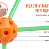 An orange foam die with holes, surrounded by green rods, highlighting its durability and bright colors.