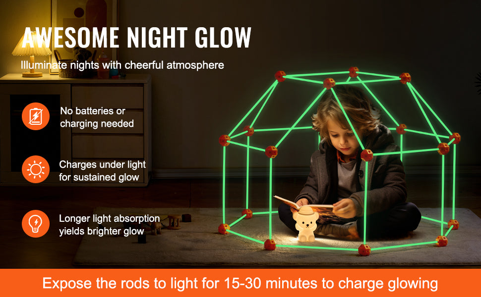 A child is using a glowing geometric structure made of rods to light up a dark room.
